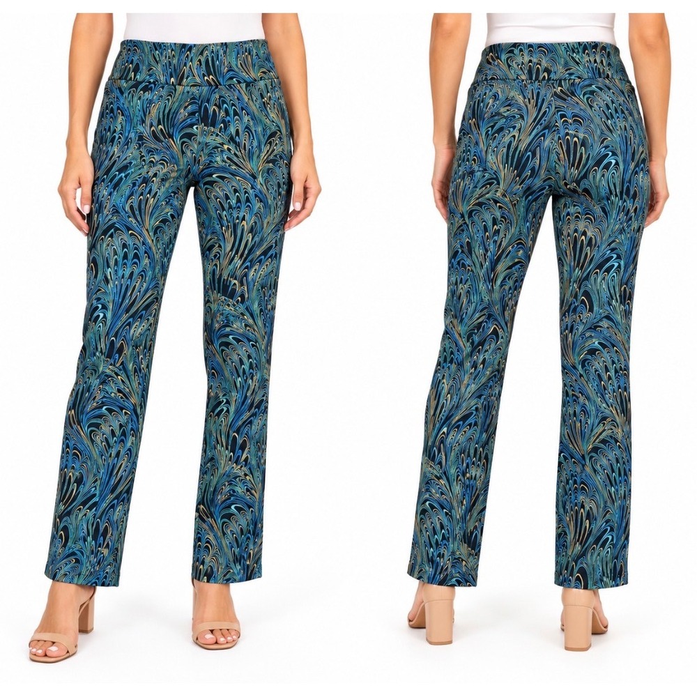 Soft Surroundings Marbled Peacock Print Ponte Pants Womens PL Pull On Stretch
